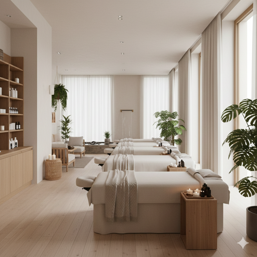 Vista de un salón de spa moderno y tranquilo.